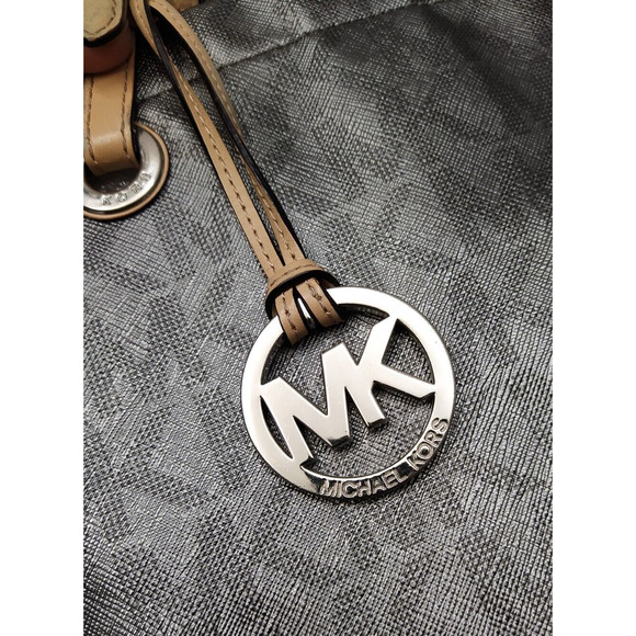 Michael Kors Jet Set Gray Leather MK Printed Double Handles Tote Shoulder Bag - Picture 5 of 16